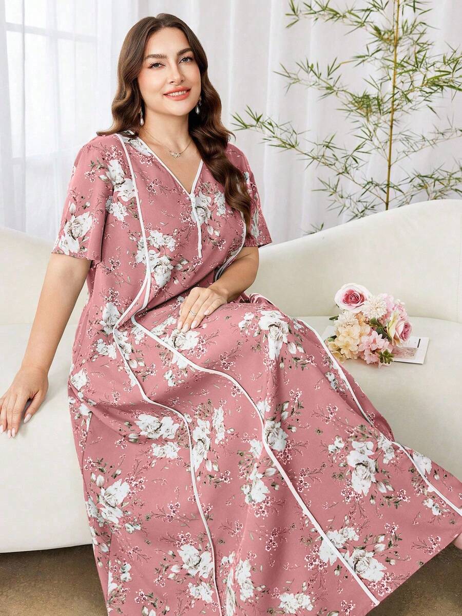 Al Najma Vestido árabe feminino casual com estampa floral, manga curta, solto, regular, primavera/verão, tamanho grande - Multicolorido - Ver 1