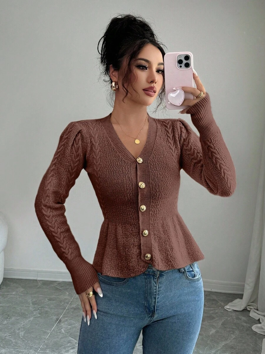 Elenzga Women's Elegant Ruffled V-Neck Waist Fitted Knit Cardigan Sweater, Suitable For Holiday & Vacation, Autumn/Winter - Coffee Brown - View 1