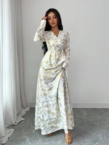 SHEIN Raffinéa Bộ áo và chân váy buộc nơ bất đối xứng họa tiết hoa - trắng - Xem 5