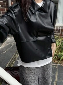 DAZY Women's Casual Loose PU Leather Lapel Long Sleeve Jacket, Autumn Y2k Women Coats