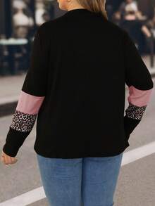 SHEIN LUNE 大码女式豹纹拼接圆领休闲长袖T恤，秋季猎豹印花女式上衣 - 粉色 - 查看 2