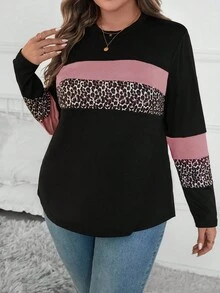 SHEIN LUNE 大码女式豹纹拼接圆领休闲长袖T恤，秋季猎豹印花女式上衣 - 粉色 - 查看 7