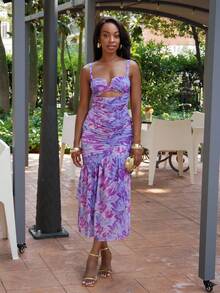 Yess Loren Floral Ruched Mermaid Hem With Cutout Details Dress - Purple - View 1