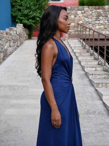 Yess Loren Solid Color Knit Backless Dress For Women - Navy Blue - View 4