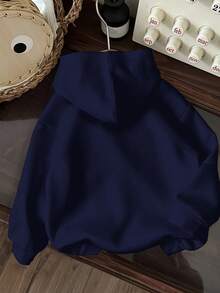 SHEIN EZwear 休闲简约马印花连帽长袖厚宽松卫衣女士，适合秋冬季 - 藏蓝色 - 查看 2