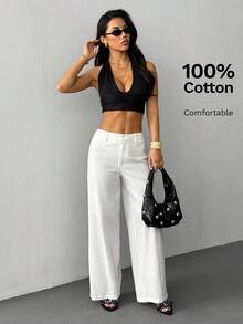 SHEIN PETITE 100%纯棉透气舒适女阔腿西装裤休闲风白色阔腿裤女白色亚麻裤女夏季女裤白色裤子白色裤子阔腿女夏季裤子女白色正装裤 - 白色 - 查看 5