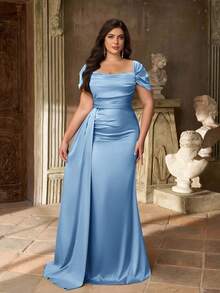 Aureia Plus Size Elegant Minimalist Green Cold Shoulder Ruched Waist Luxury Satin Mermaid Hem Bridesmaid Dress