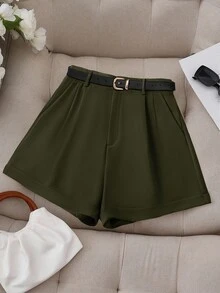 GlowEve CURVE Plus Size Casual Solid Color Slant Pocket Simple Shorts, Summer - Army Green - View 1