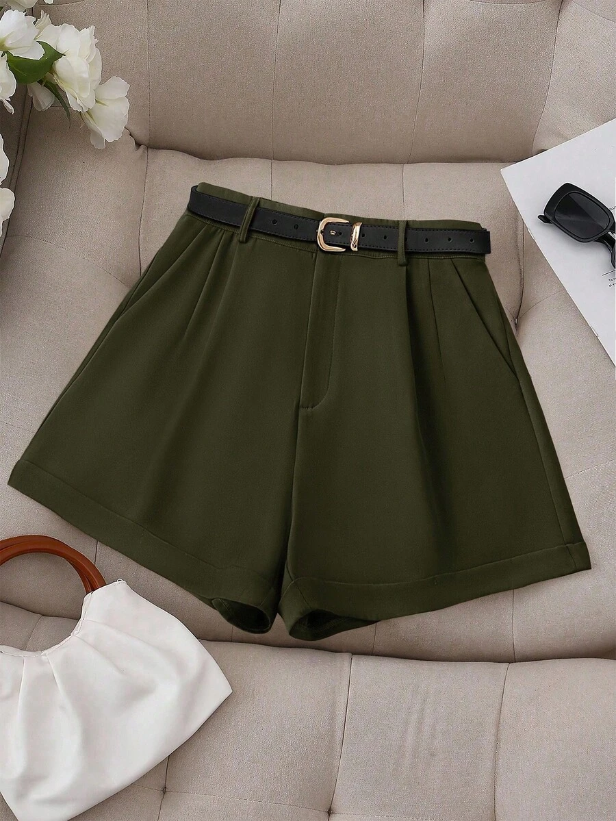 GlowEve CURVE Plus Size Casual Solid Color Slant Pocket Simple Shorts, Summer - Army Green - View 1