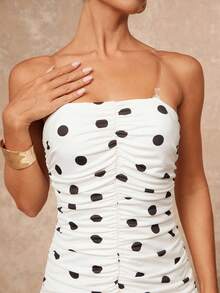 Lumalex 早春复古黑白波点褶皱紧身胸衣连衣裙，适合女士，奢华舞会、聚会、宴会、低调奢华、闪耀夺目的节日派对、锐舞派对、音乐节、郊游、度假、户外、婚礼季、宴会、圣诞节、新年等场合，层次丰富，是派对、晚宴、晚会、派对的理想之选。早春波点连衣裙，女士无肩带长款波点连衣裙，夏季白色波点长裙。 - 白色 - 查看 9