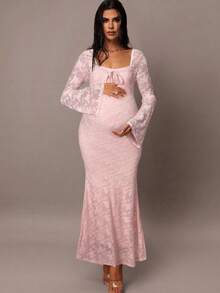 MaterniChic 优雅派对纯色蕾丝喇叭袖鱼尾孕妇装 - 淺粉色 - 查看 3