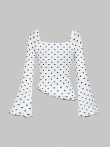 SHEIN MOD 优雅圆点印花喇叭袖蝴蝶结网眼T恤