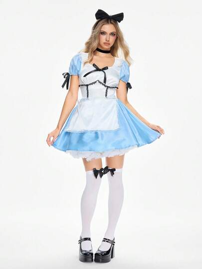 ROMWE Avant Women's Alice In Wonderland Maid Costume Contrast Color Puff Sleeve Ribbon Bow Apron Short Dress