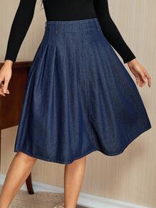 Vintamour 女士高腰优雅办公室淑女时尚牛仔百褶裙 - 深色水洗藍 - 查看 3