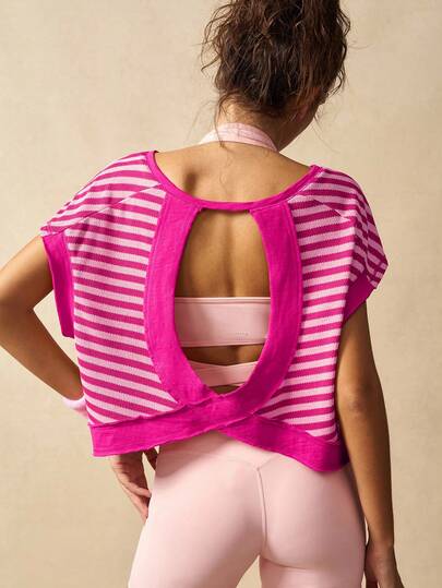 VARSIVA Women Striped Fashion Sports T-Shirt & Tank Top, Gym Top Suitable For Summer Pink Gym Top Open Back Activewear Top Workout Top Open Back Open Back Workout Top Open Back Athletic Top