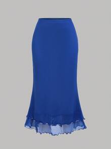 SHEIN Girlism 少女花卉印花针织网眼上衣和纯色迷你裙两件套，休闲 - 藍白色 - 查看 9