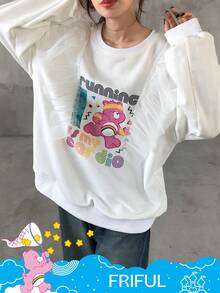 FRIFUL SHEIN X Care Bears 女士圆领撞色网眼拼接宽松卡通图案前长袖休闲T恤 - 白色 - 查看 4
