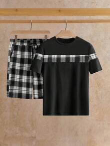 Manfinity VCAY 2pcs/Set Men Casual Knit Patchwork Raglan Short Sleeve T-Shirt And Drawstring Waist Shorts Set - Black - View 3