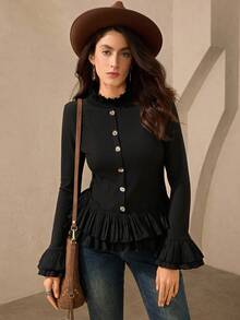 Wildy Romantic Bohemian Ruffle Trim Black Long Sleeve Street Fashion T-Shirt Western Blouse Black Peplum Top Black Ruffle Blouse Women Western Tops Black Button Down Blouse - Black - View 1