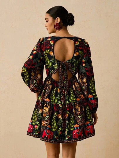 Travachic Vestido corto bohemio casual de talla grande con estampado, cuello en V azul marino, mangas abullonadas largas, cintura ceñida, espalda hueca con moño y parches, adecuado para vacaciones, fiestas y salidas