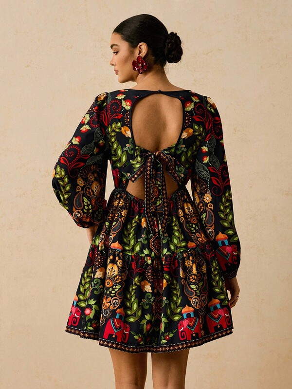 Travachic Plus Size Bohemian Casual Printed Navy V-Neck Long Puff Sleeve Waist Cinched Hollow Back Bowknot Patchwork Short Dress, Suitable For Vacation, Party, Outing