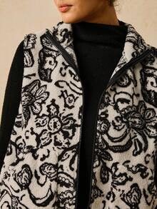 Travachic Chaleco de forro polar con estampado floral bohemio informal con bolsillos para mujer, otoño/invierno, talla grande - Blanco y Negro - Ver 7