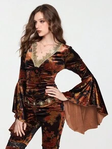 ROMWE EDITION Damen Vintage Blumen Allover-Muster Kontrast Spitze Glockenärmel V-Ausschnitt figurbetontes Samt Top, Halloween Hexen Thema, Herbst/Winter - Verschiedenfarbig - Übersicht 12