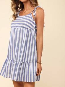 Coeurva Women Loose Striped Spaghetti Strap Summer Casual Dress With Ruffle Hem - Blue and White - View 4