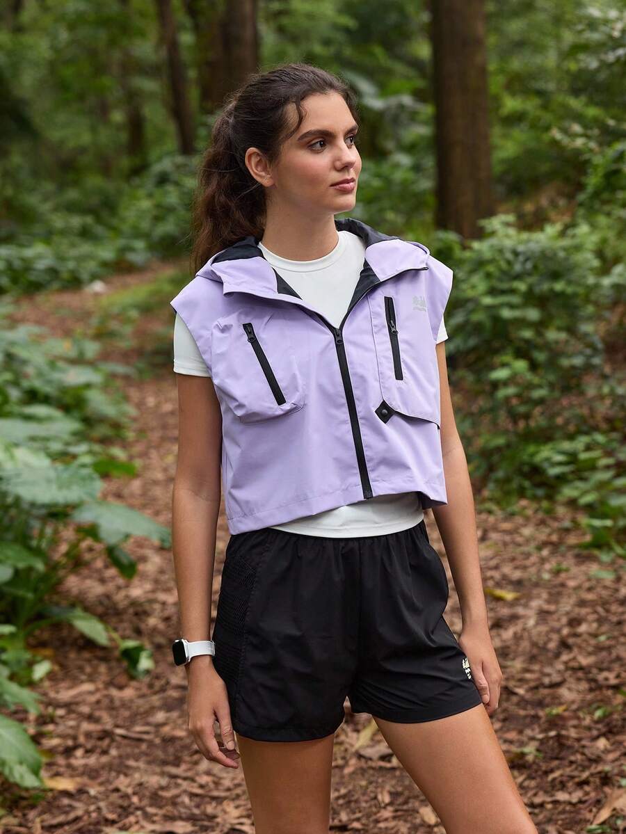 In My Nature Veste sans manches extérieure court à capuche pour femmes - Prune - Voir 1