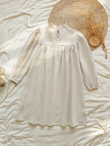 Vintaside Kids 女童秋季灯芯绒连衣裙，荷叶边领，花卉刺绣，时尚优雅，适合郊游、度假、旅行、露营、聚会、生日等场合 - 杏色 - 查看 2