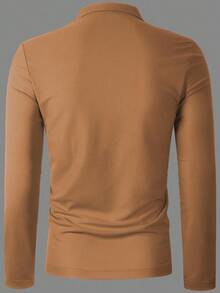 Manfinity Homme Men's Casual Commuter Long Sleeve Polo Shirt With Pockets, Autumn Men Zip Up Shirt Mens Casual Tops Brown Tops For Men Men Casual Long Sleeve Shirts Tan Shirts For Men