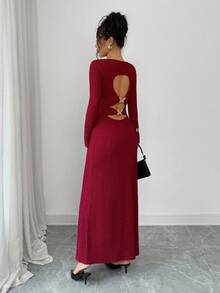 Rafferiza Elegant Burgundy Autumn Party Dress For Women,Slim-Fit Long Sleeve Back Hollow Metal Accessories Banquet Dinner Date Dress,Ladies Fashionable Outfit - Red - View 7