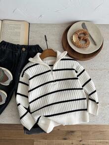 SHEIN LMoss Kids Young Boys' Autumn/Winter High Collar Striped Zip-Up Cardigan Sweater, Versatile For Home, School, Outings, Beige & Black Fall