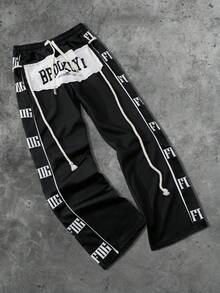 ROMWE MEN Prep Men's Sweatpants With Applique Embroidery, Drawstring, Street Style American English Print - Black - View 3
