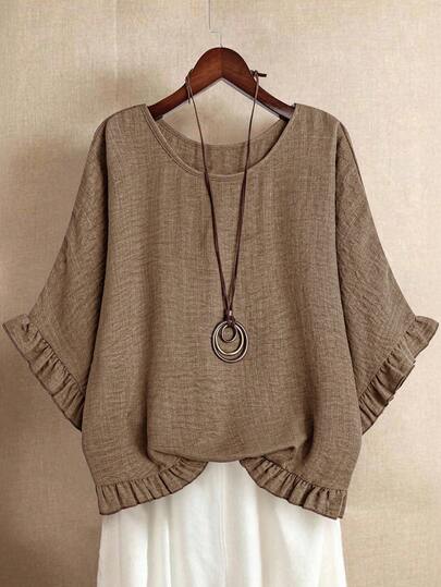 SHEIN LUNE 大码女式纯色圆领蝙蝠袖荷叶边下摆宽松衬衫