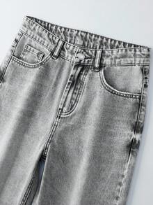 SHEIN 少女复古波西米亚风都市浅色水洗松紧腰直筒牛仔裤，配有扁平口袋 - 淺灰色 - 查看 5