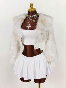 Y2K Amplova 秋季优雅女式大翻领长款皮草长袖不对称纽扣百搭时尚性感腰部仿皮草大衣，适合秋冬派对和上学 - 米色 - 查看 5