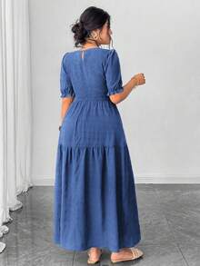 Elenzga Váy xếp ly tay bồng cỡ lớn Shien Holidaya - Màu xanh lam - Xem 2