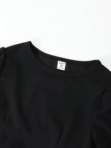 Tween Girls' Solid Color Round Neck Puff Sleeve Hollow Back Bowknot Waist Top, French Retro Elegant Versatile Blouse - Black - View 8