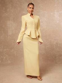 Lumalex Fall Winter Gathering Party Banquet Modest Old Money Coquette Glitter Holiday Party Rave Festival Outing Vacation Hot Outdoor Richly Layered Wedding Season Banquet Coming Of Age Ceremony Women's Solid Color Long Sleeve Single-Breasted Ruffle Hem Jacket And Straight Pencil Skirt Elegant Suit Set Blazer Dress For Women Butter Yellow Dress Skirt Suit Yellow Two Piece Set Luxury Prom Christmas New Year