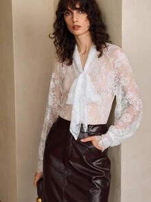 Arave 时尚百搭蕾丝衬衫，初秋新款女装上衣 - 白色 - 查看 5