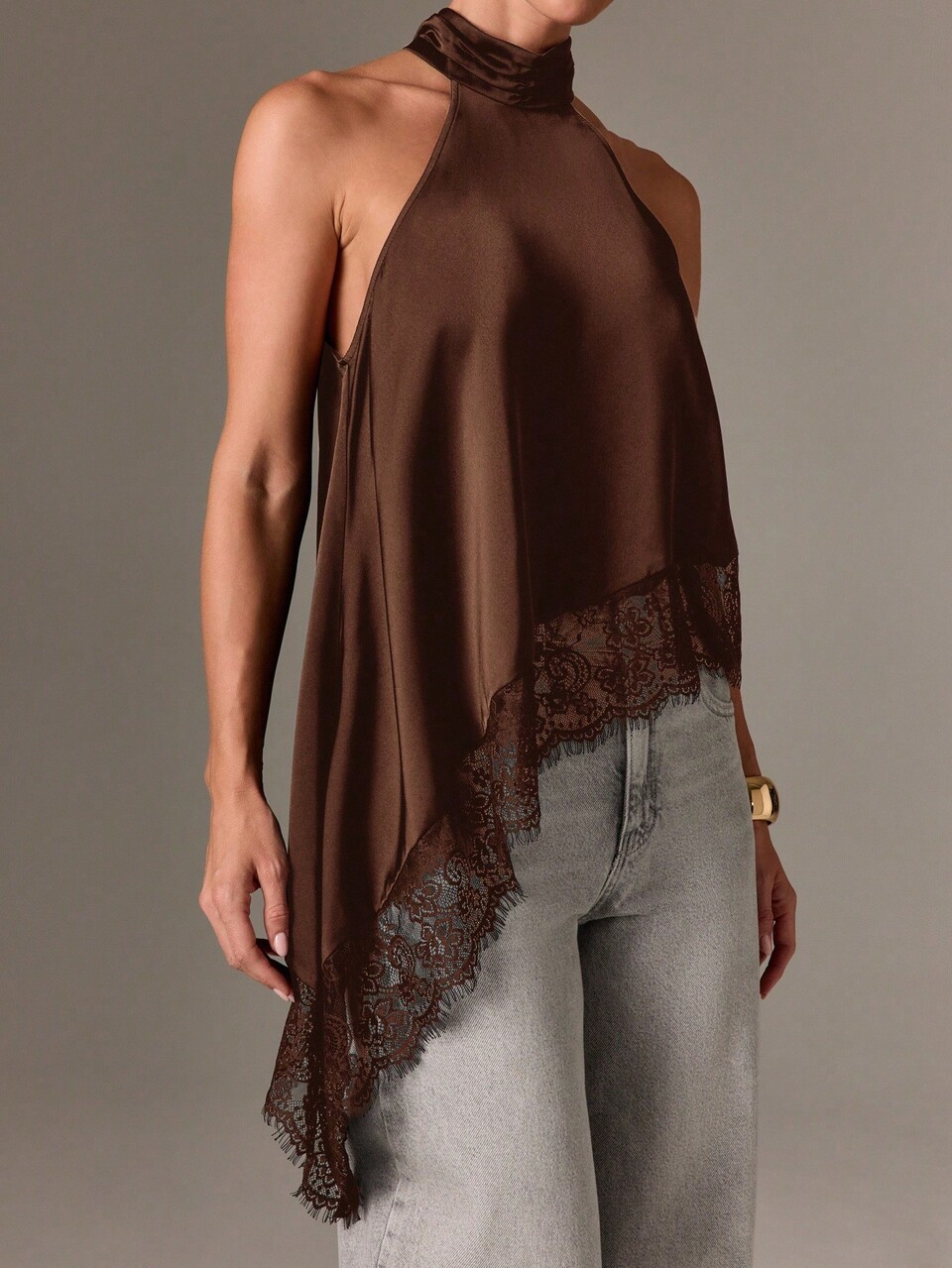 AiiRZ Blusa elegante da donna senza maniche con collo alto, con dettagli in pizzo, asimmetrica, in raso, adatta per serate, feste, occasioni speciali autunnali e vacanze