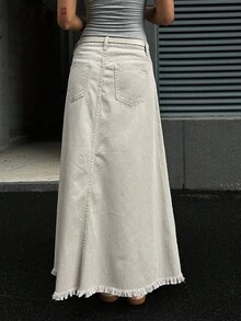 Strévra 女士宽松休闲牛仔半身裙，毛边下摆，秋季款