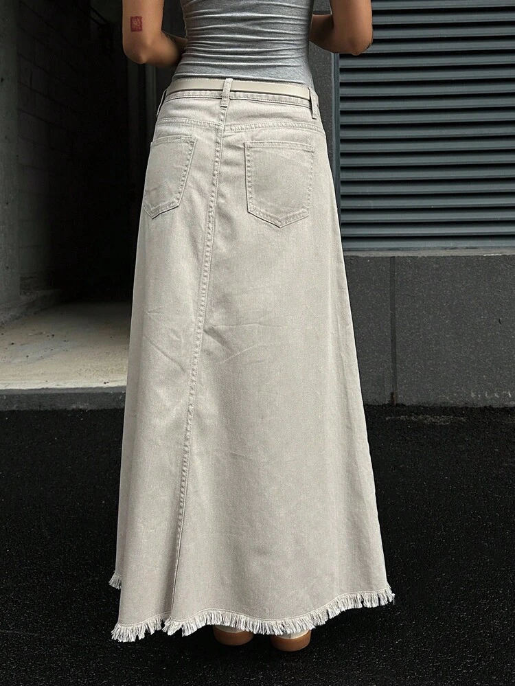 Women's Loose Casual Denim Skirt With Frayed Hem, Autumn
