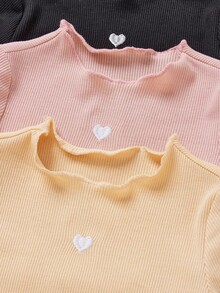 SHEIN LMoss Kids LMoss 3pcs/Set Baby Girls' Cute Knitted Heart Pattern Ruffled Hem Tops, Autumn/Winter Fall - Multicolor - View 3