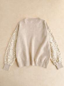 Elaquor 大码休闲优雅百搭网眼拼布套头衫，秋冬 - 卡其色 - 查看 2