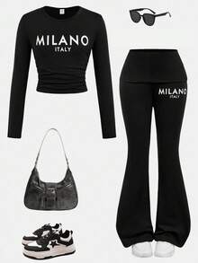 SHEIN 青少年女孩休闲黑色圆领字母印花褶皱长袖修身针织上衣和喇叭裤套装，适合居家和外出，喇叭裤套装，母子装 - 黑色 - 查看 2