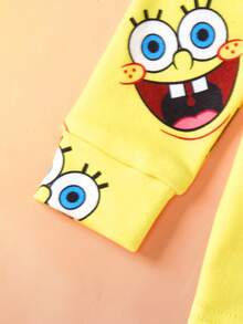 SpongeBob SquarePants | SHEIN 2pcs Young Girl Cartoon Pattern Round Neck Long Sleeve Snug Fit Pajama Set, Yellow Fall Winter