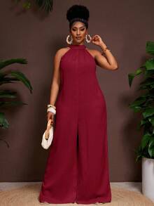 Veslaya 新款春夏休闲度假日常通勤挂脖圆领无袖超宽松阔腿加长裤白色女加大连体裤 - 酒紅色 - 查看 4