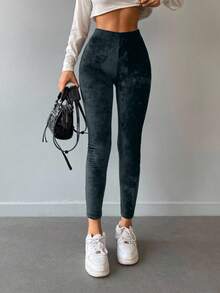 EURMUSE Solid Elastic Waist Leggings - Green - View 3